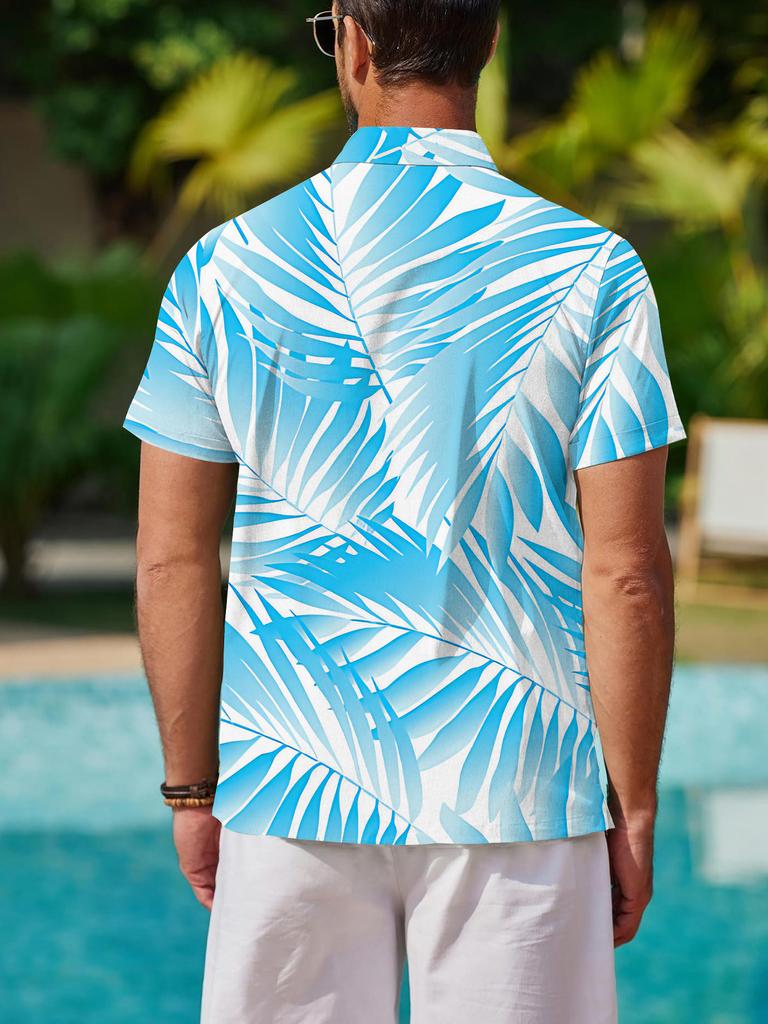 Men's Fashion Short-sleeve Shirt with Palm Leaf Pattern in Blue, White, and Brown| Non-elastic Fabric, Buckle Detail, Lapel Design, Regular Fit,