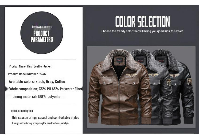 Men's European Winter PU Leather Jacket with Velvet Collar - Large, Warm, Windproof Motorcycle Style