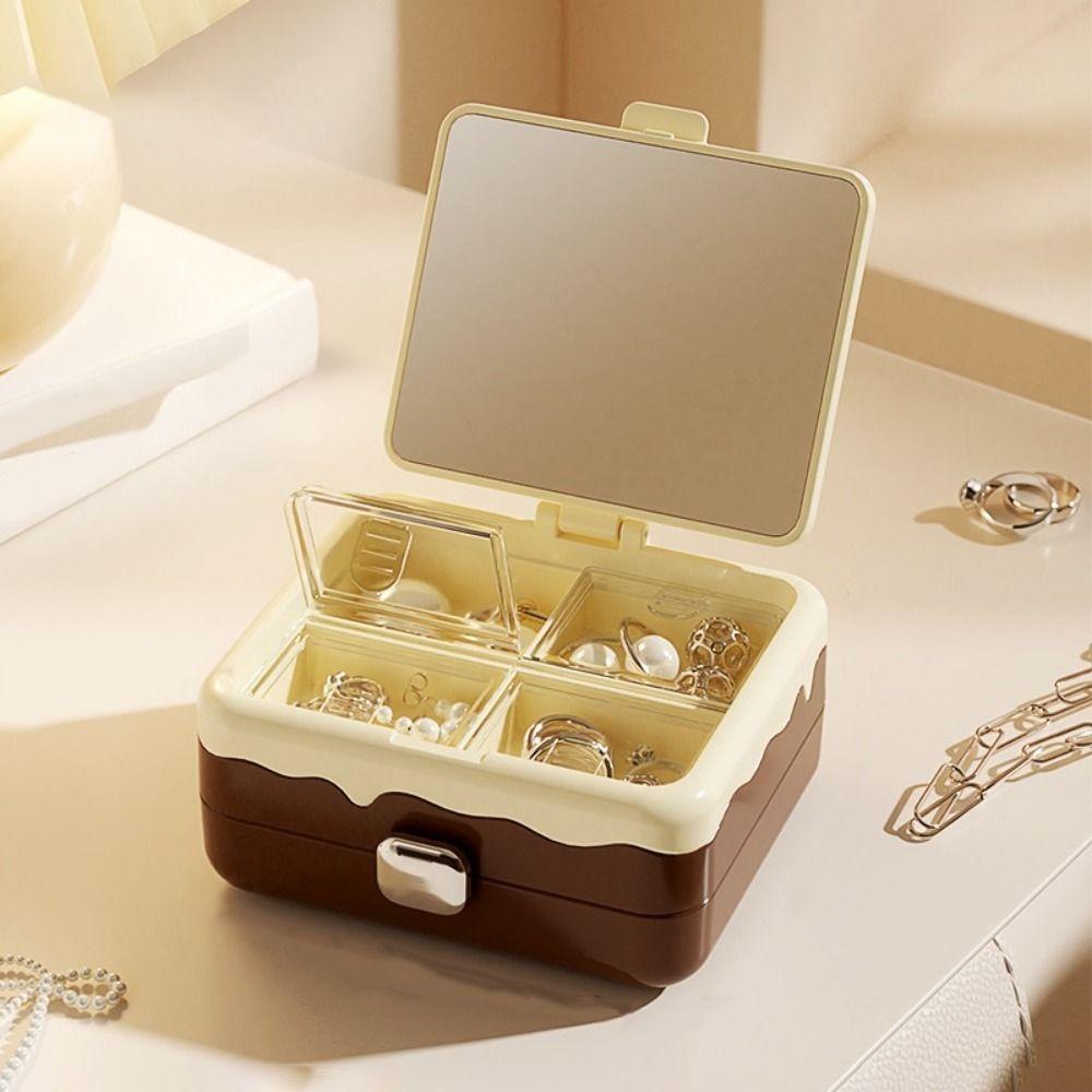 2Pcs Portable Plastic Double-layer Storage Box Mini Cream Series Jewelry Case with Mirror Exquisite Jewelry Storage Box Travel