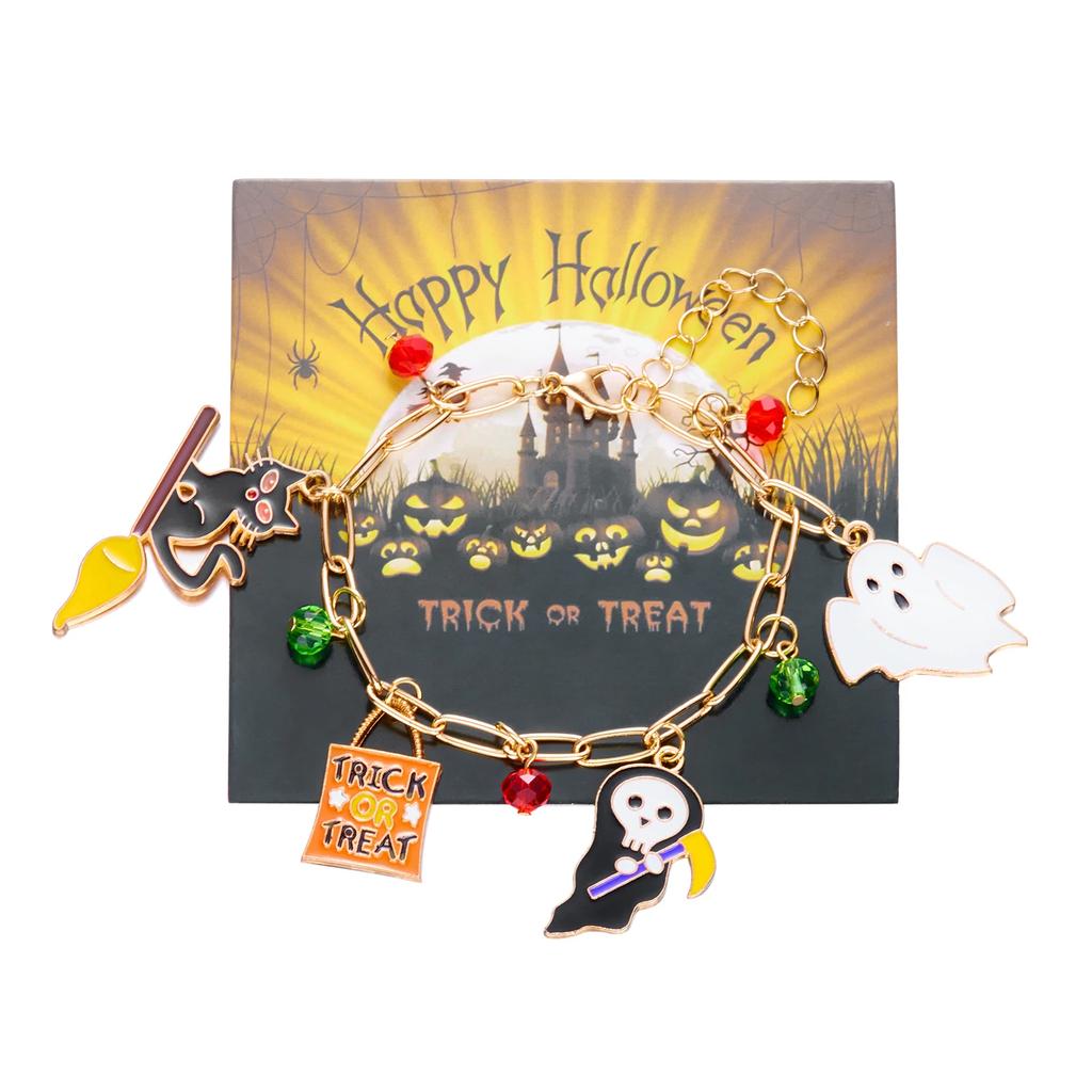 Halloween Ghost Pumpkin Black Cat Metal Chain Bracelet For Women Gold Plated Skeleton Spider Bat Bangles Festival Charm Jewelry