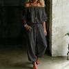 Womens Off Shoulder Long Sleeve Top Drawstring Waist Tapered Pants Two Piece Casual Outfit