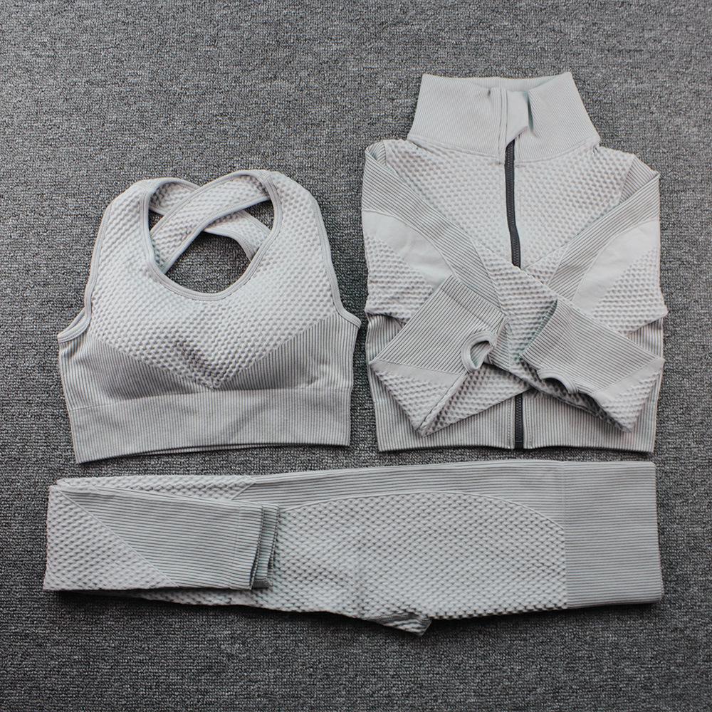 

Европейский и американский спортивный комплект для йоги: Быстросохнущий, бесшовный, утягивающий комплект из 3 предметов для бега и фитнеса весной/зимой Medium