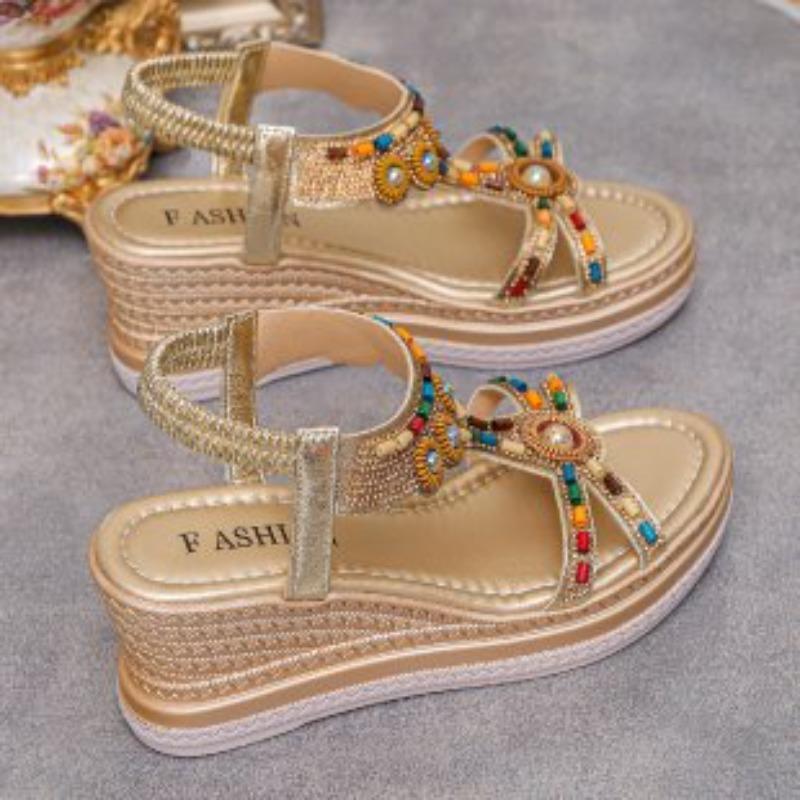 Women's Bohemian Beaded Elastic Strap Sandals, Rhinestone Platform Wedge Summer Shoes, Plus Size Fashion Footwear