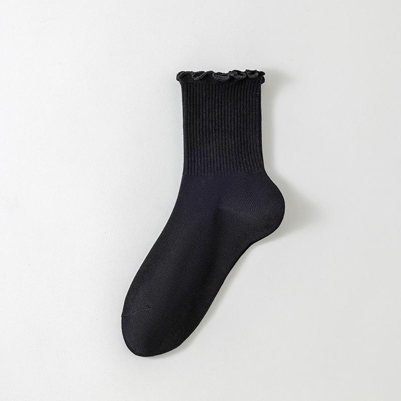 Women's Mid-Calf Lace Socks: Black Edge, Solid Color, Versatile Japanese Style, Four Seasons, Perfect for Mary Jane Loafers