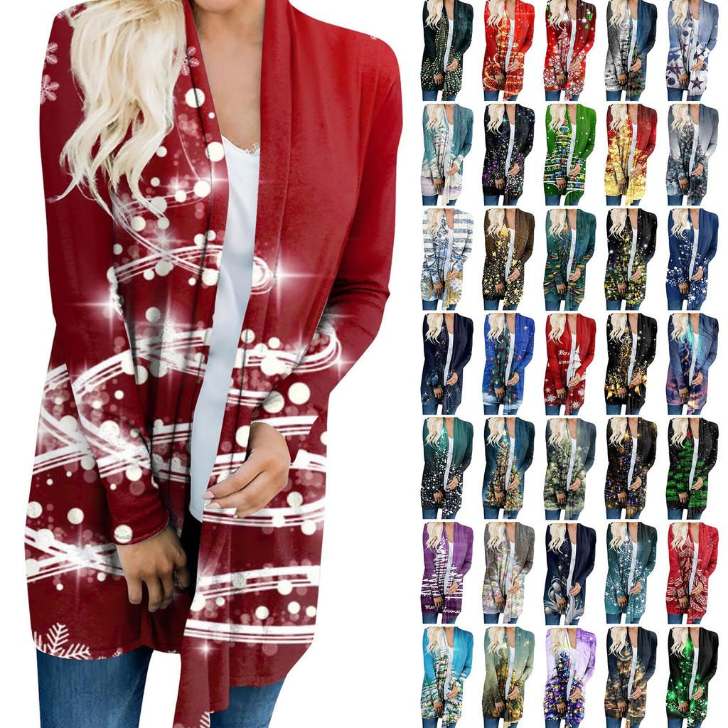 Damen-Strickjacke mit Weihnachtsdruck, langärmelig, vorne, bedrucktes Oberteil, leichte Jacke