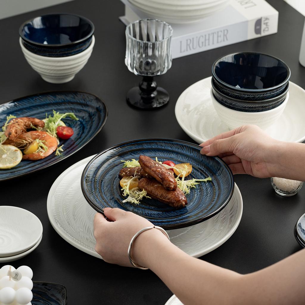 High-End Keramik Besteckset Kombination Haushalts Geschirr Teller Set Reisschüssel Nudelsuppe Schüssel Flacher Teller Tiefer Teller Fischplatte
