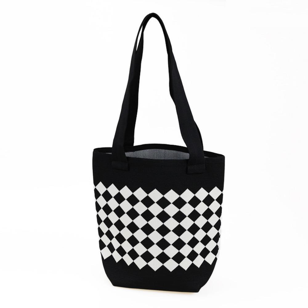 

Comfortable Handle Knitted Shoulder Bag Plaid Crochet Tote Bag Casual Woven Underarm Bag Beach чёрный
