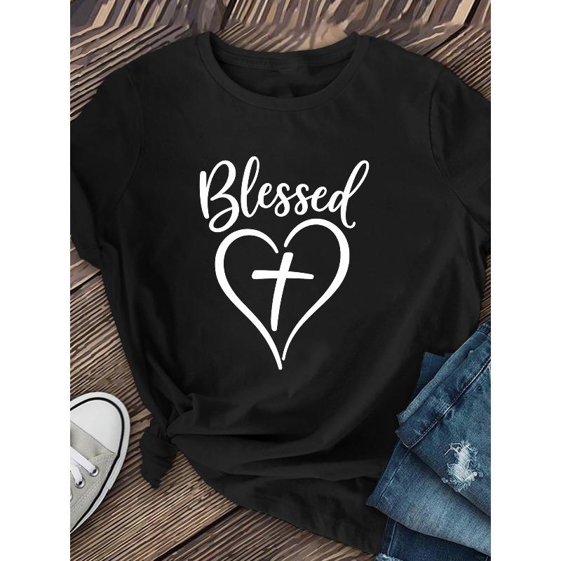European Size Women's "Blessed" Printed Heart Short-sleeved Shirt,Machine Washable, Fashionable Style, Women's Clothing, Short-sleeved Top,  for Daily