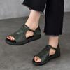 Johnature Genuine Leather Peep Toe Flat Sandals Vintage Solid Color Soft Sole Comfortable Versatile Women Shoes