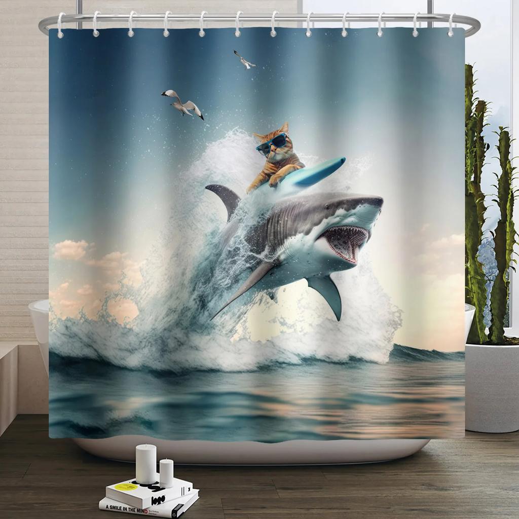 Hrdinský Velký bílý žralok s pistolí Kočka Vtipný sprchový závěs Pro kryt vany Kryt koupelny Koupání Extra velký Široký 12 ks háčků