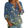 Women's Vintage Floral Print Henley Button Neck Three Quarter Sleeve Linen Cotton Blouse Casual Lightweight Shirt for Everyday Wear