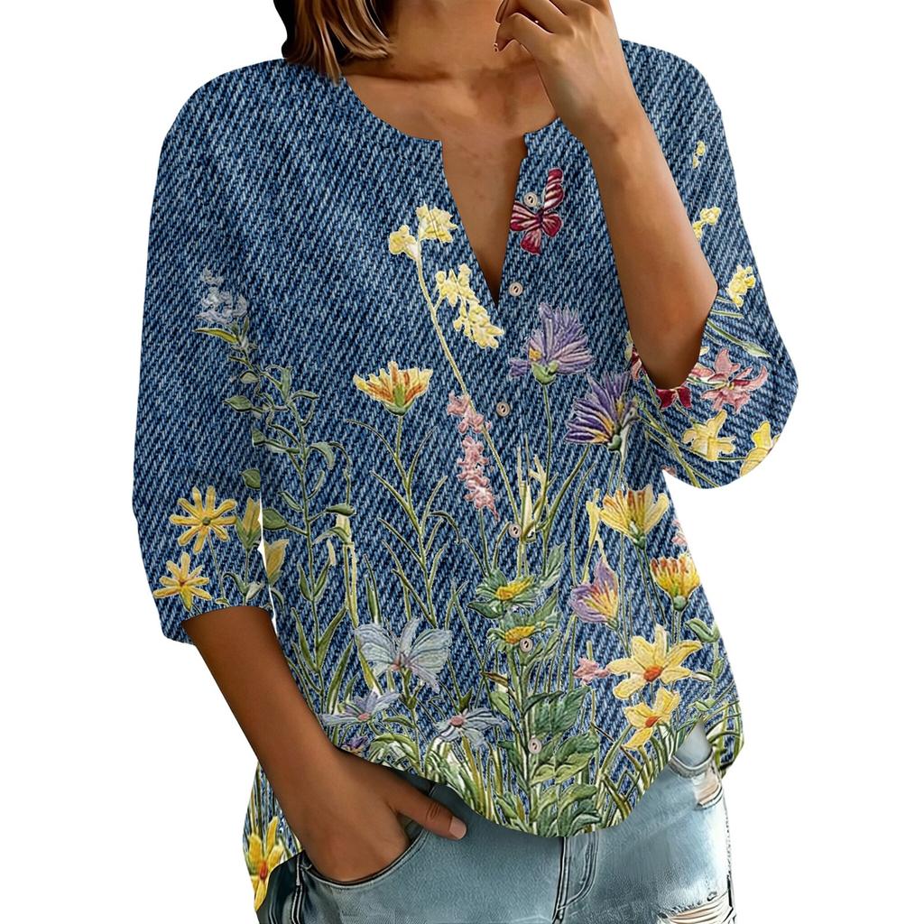 Women's Vintage Floral Print Henley Button Neck Three Quarter Sleeve Linen Cotton Blouse Casual Lightweight Shirt for Everyday Wear