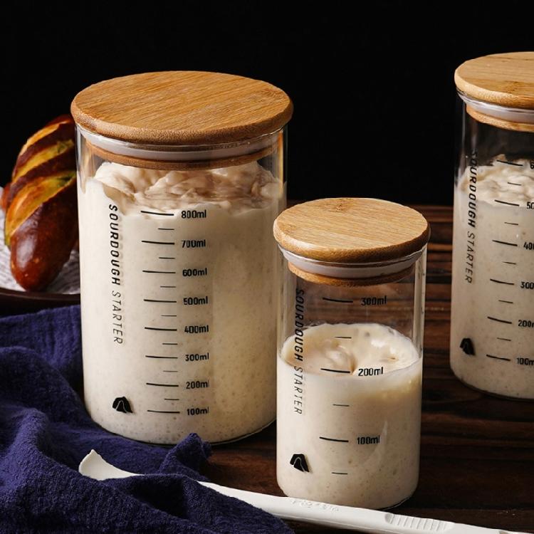 Słoik do fermentacji zakwasu z drewnianą pokrywką Przezroczysty szklany pojemnik na starter zakwasu Szczelny słoik na ciasto Akcesoria do pieczenia