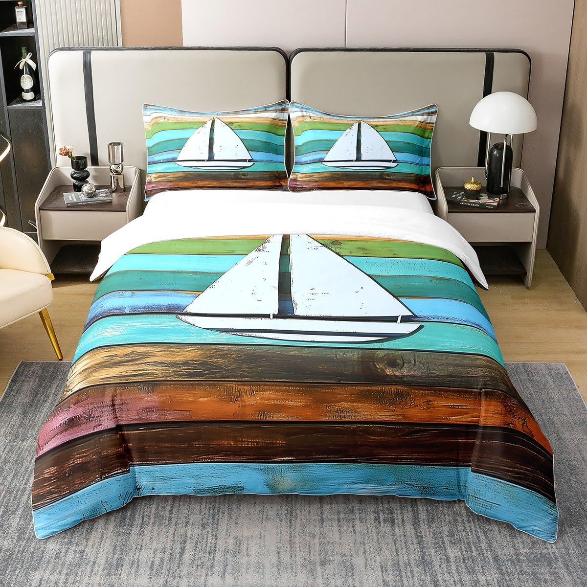 

Feelyou Anchor Decor 100% Cotton Duvet Cover Twin Size Ocean Nautical Themed Bedding Set Boys Girls Geometric Stripes Navy Blue Comforter Co 155x200cm