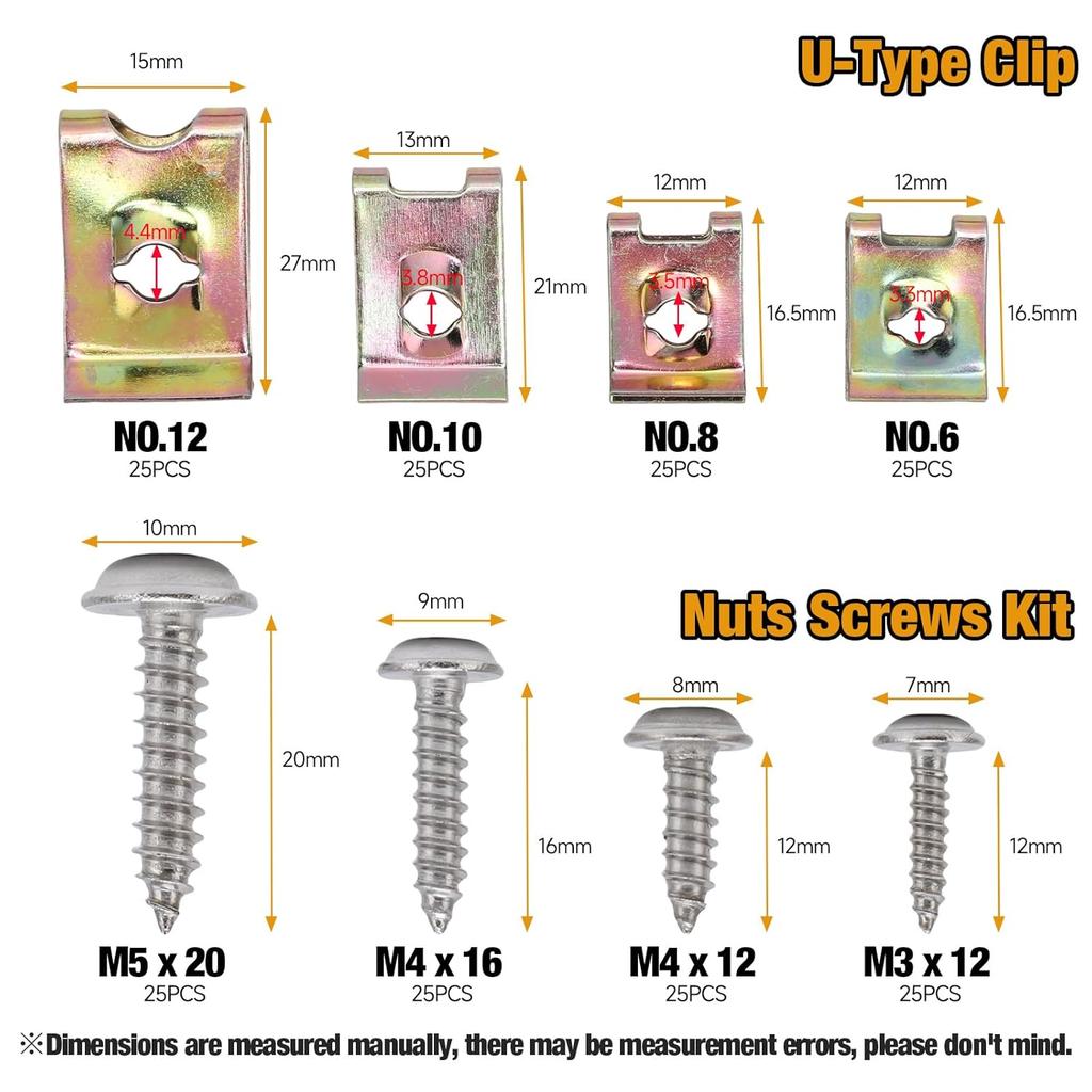 Automotive Screws And Clips, 100PCS Car U‑Clips Nuts 6/8/10/12 Assortment Interior Trim Fasteners With Stainless Steel Screws For Dash Door Panel