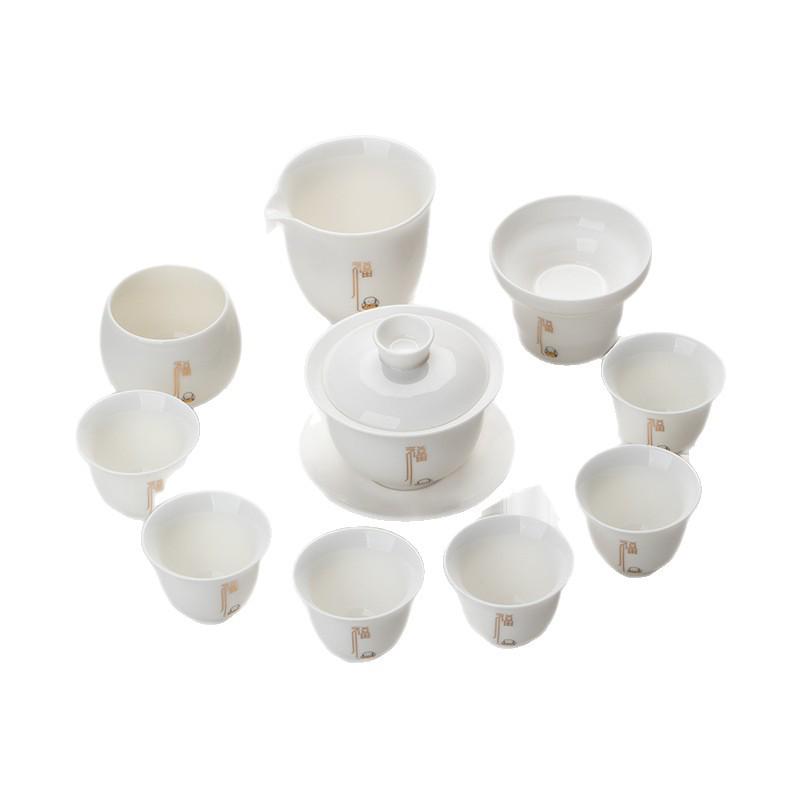 Sheep Fat Jade Porcelain Kung Fu Tea Set: Ceramic Gaiwan and Cup for Home Use - High-End Gift Box for Company Souvenir