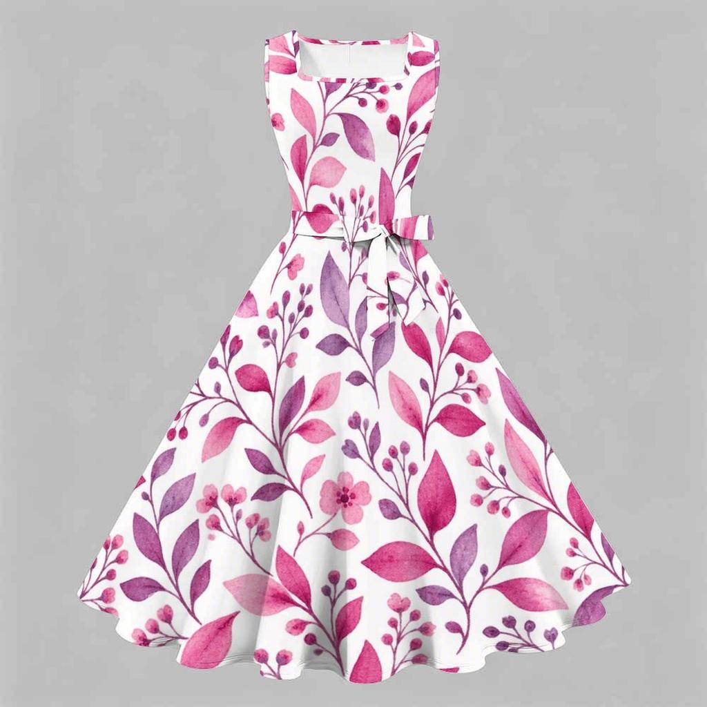 Women Plus Size Two Piece Set Floral Leaf Printed Square Neck Sleeveless Tie Waist Flared Dress With Short Sleeve Cropped Shrug