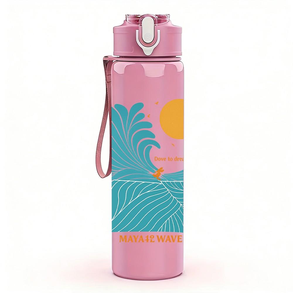 1PC Wave Ocean Sunset Line Art 750ml Color Plastic Sports Water Bottle Leakproof Flip Straw Lid Suitable for Sports Office Home Use