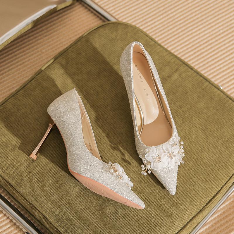 

855-8 [Discontinued] High heels women s thin heels 2025 new pointed silver crystal wedding shoes flower single shoes 39