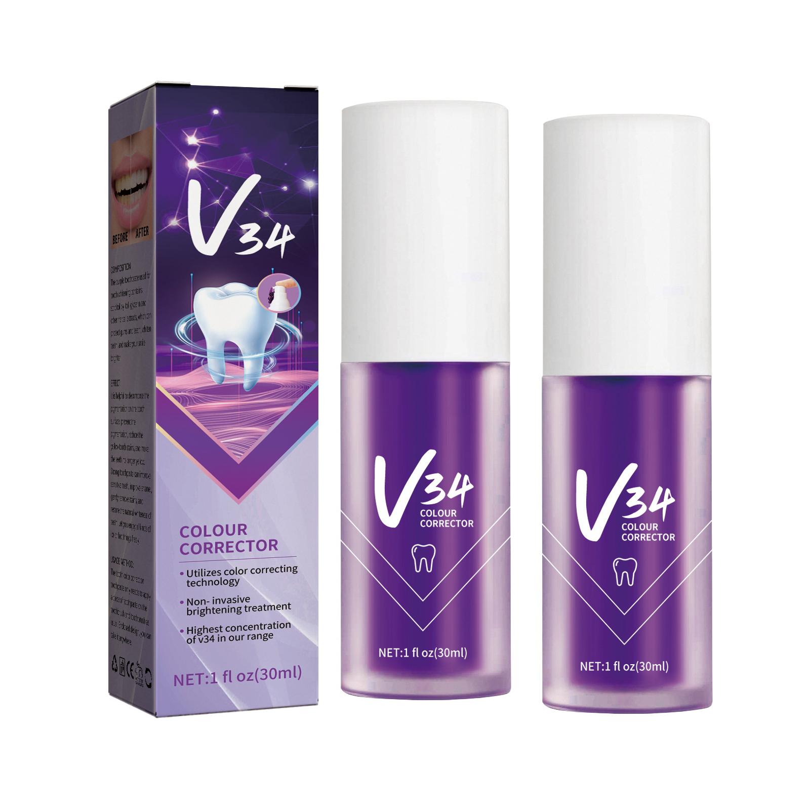 

Зубная паста V34 Color Corrector 30 мл Зубная мышь Удаляет зубной налет Зубной камень Освежает дыхание Гигиена полости рта Желтые зубы 2pcs