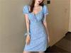 French small floral dress women's summer heart machine revealing collarbone square neck Platycodon waist sexy bubble sleeve short skirt