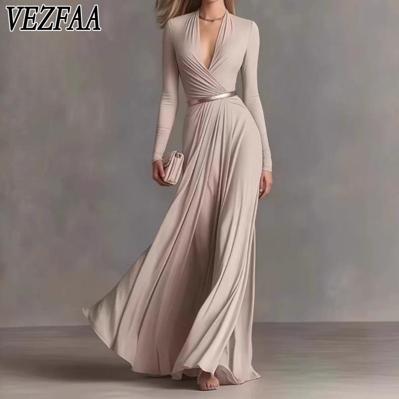 VEZFAA Women's Fashion Spring Autumn Solid Color Print Long Sleeve V-Neck High Waist Casual Dresses