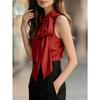Womens Red Sleeveless Satin Blouse With Bow Neck Detail Elegant Formal Casual Top