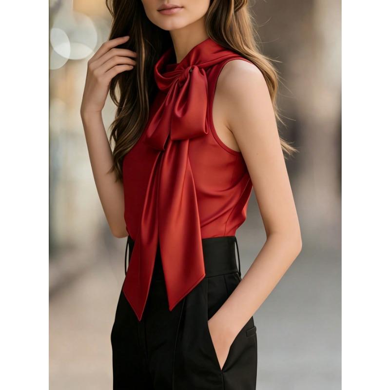Womens Red Sleeveless Satin Blouse With Bow Neck Detail Elegant Formal Casual Top