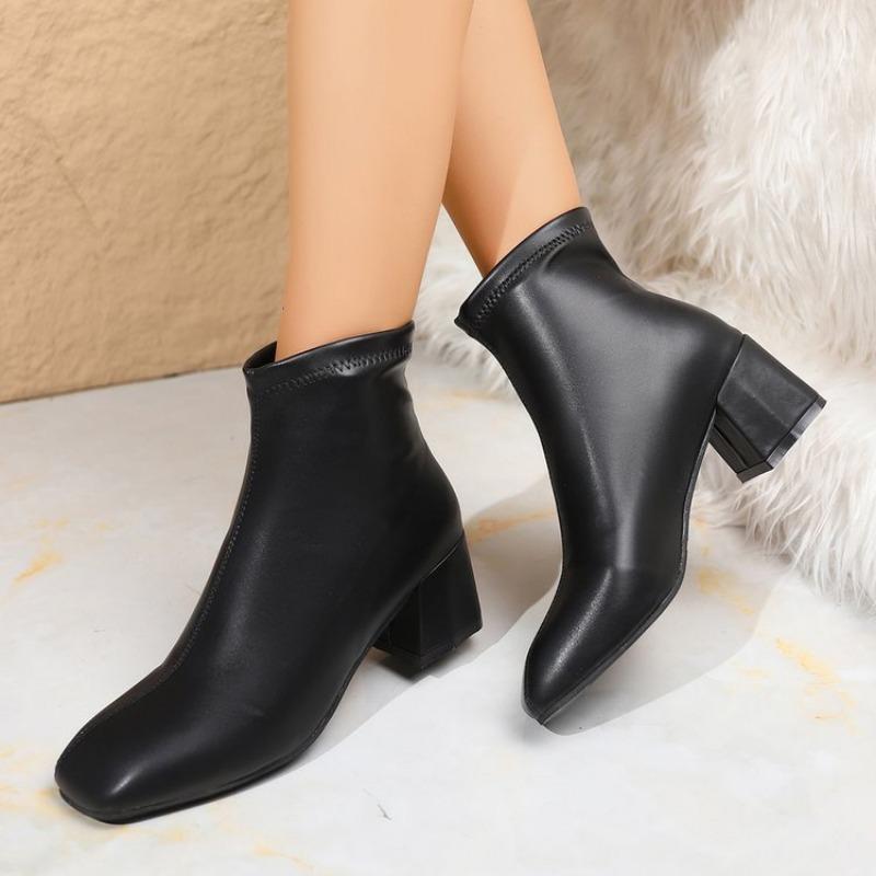 Square head thick heel women's leather boots autumn and winter new zipper small thin boots fashion leather boots