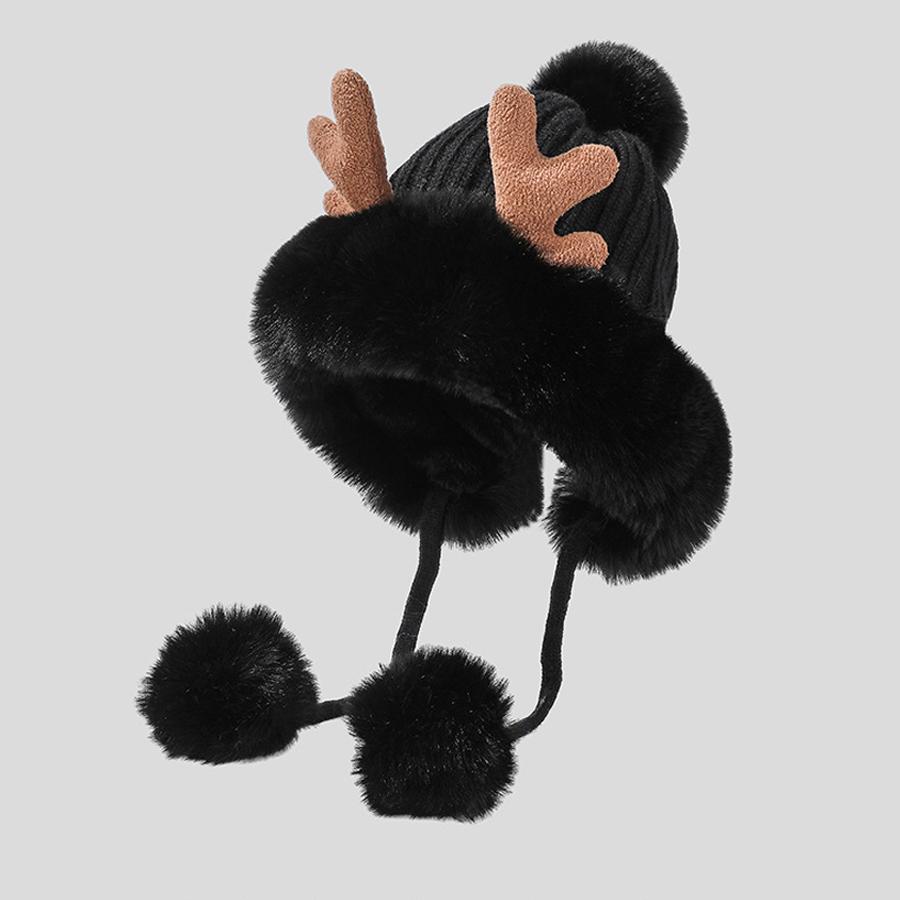 Cute Ears Plush Winter Hats for Women Beanies Deer Antler Fur Pompom Knit Bonnet Fluffy Winter Cap Bomber Hats Women Gorro