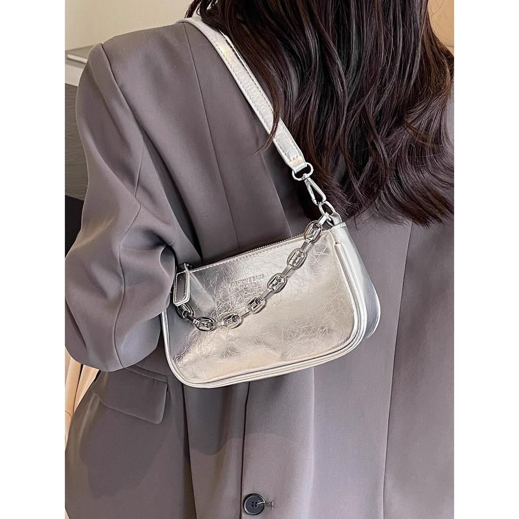 Premium Pearlescent Silver Small Bag Women's 2025 New Popular Versatile Shoulder Mahjong Bag Underarm Bag Messenger Bag