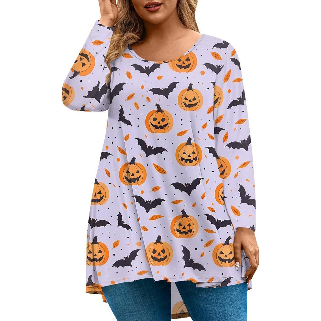 Women's Fashion Large Size Round Neck Long Sleeve Casual Halloween Print Loose Pullover Top