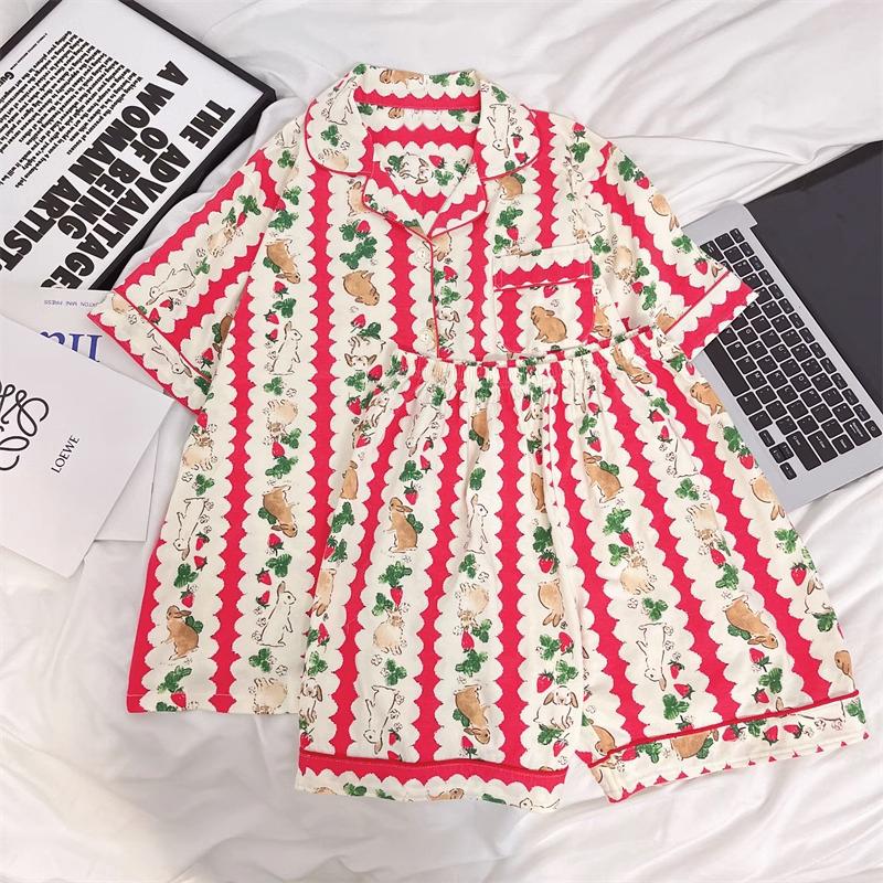 Fresh Cute Cartoon Bear Print Women's Short Pajamas Summer Female Homewear Simulated Silk Two-piece Lounges