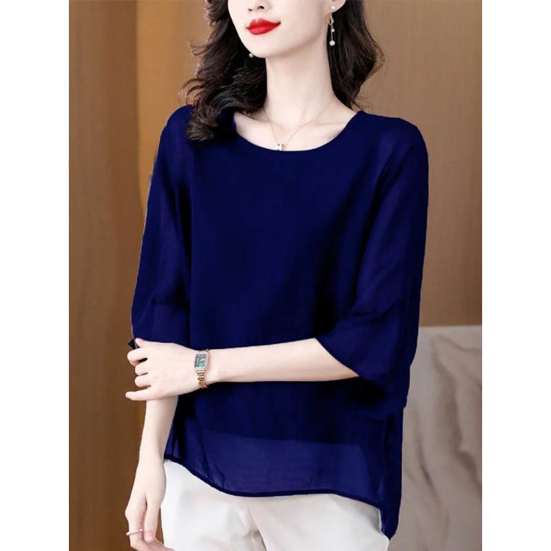 Chemise en mousseline nouveau style couleur unie T-shirt à manches mi-longues pour femme col rond ample haut français