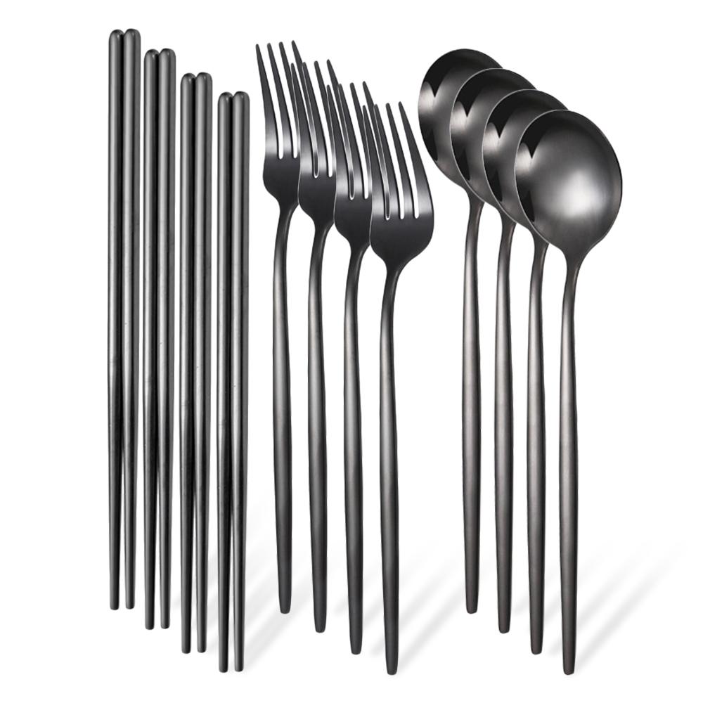 12Pcs/Set Western Golden Stainless Steel Cutlery Set Mirror Dinnerware Set Fork Spoon Chopsticks Tableware Flatware Set