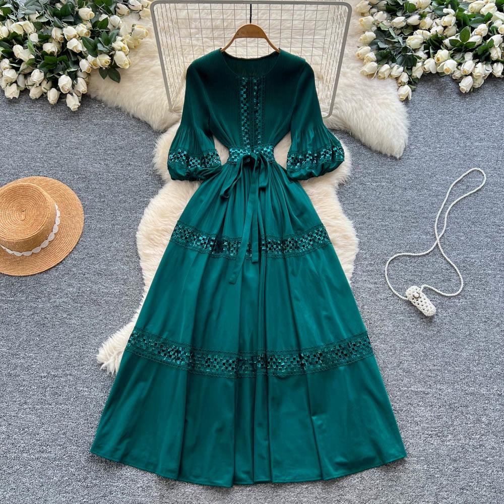 High-End Heavywork Lacing Paillette-Panel Waist-Banding Lantern Sleeve Maxi Dress for Women Autumn Charming Long Women Dress