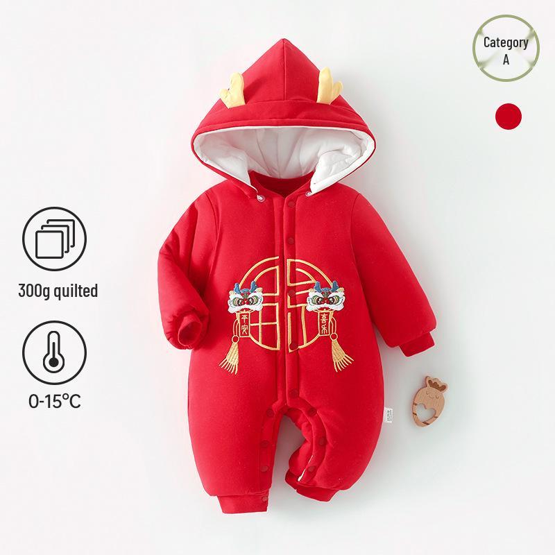 Festive Red Baby Jumpsuit: Thick, Padded 300g Cotton for Winter, Perfect 100-Day or Full Moon Gift 90cm [suitable for 18-22 pounds]