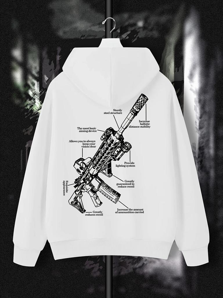 Men Hip Hop Sports Hoodie Gun Structure Diagram Graphic Print Hooded Sweatshirt Casual Loose Long‑Sleeve Pullover Streetwear Tops For Autumn Winter