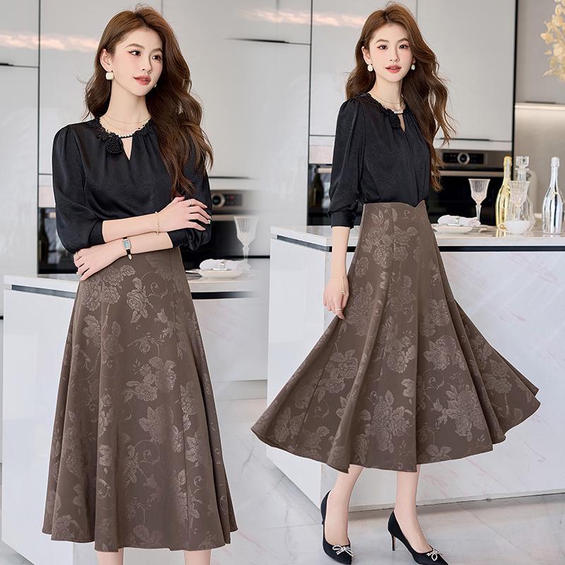 Spring 2025 Lace Butterfly Patchwork Two-Piece Set: Long Sleeve Shirt & Midi Skirt