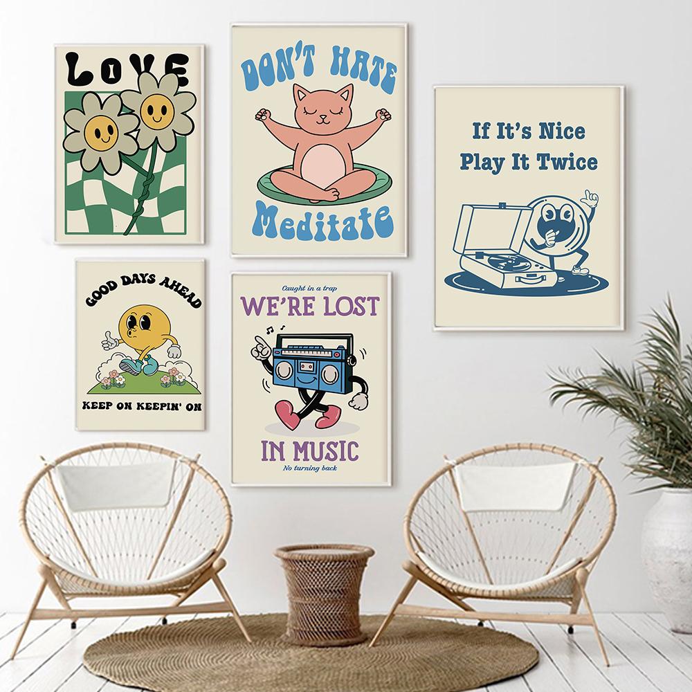Retro Quote Print Flower Trendy Wall Art Poster Cartoon Kids Room Home Canvas Painting Modern Bear Sunflower Wall Decor Pictures