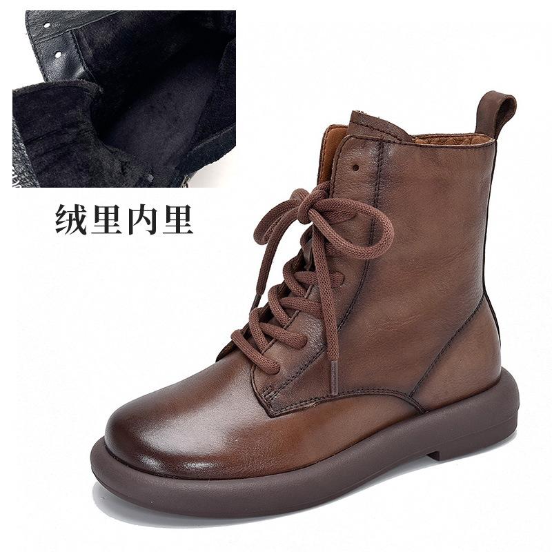 Short Boots Soft Leather Women's Round Head Lace-up High-top Boots Autumn and Winter Versatile Martin Boots Single Boots Women's Cotton Boots