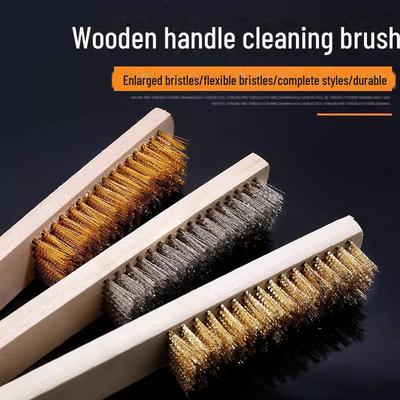 Long Handle Copper Wire Brush - Wooden Steel Brush for Rust Removal and Barbecue Cleaning