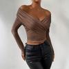 2024 Europäischer & Amerikanischer Herbst/Winter Damen Sexy Tiefer V Langarm Plissiertes Schulterfreies Oberteil