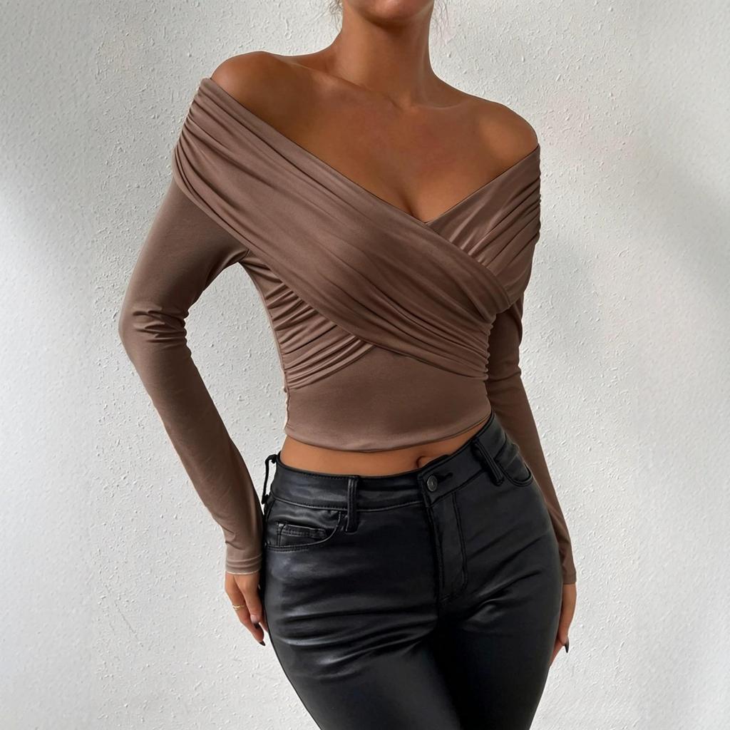 2024 Europäischer & Amerikanischer Herbst/Winter Damen Sexy Tiefer V Langarm Plissiertes Schulterfreies Oberteil