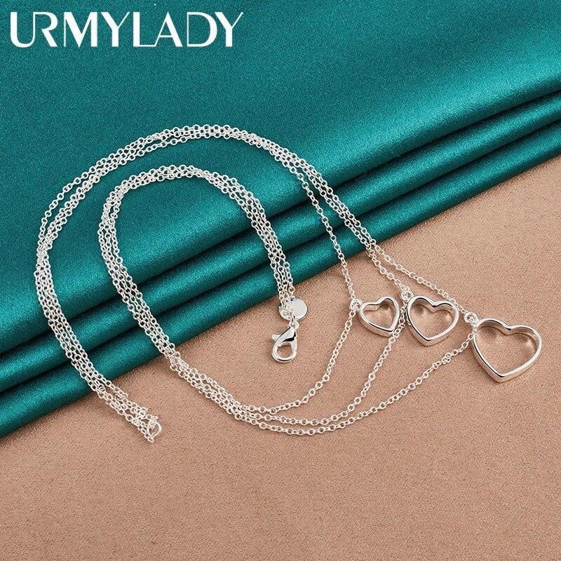 URMYLADY 925 Sterling Silver Three Heart Frame Pendant Necklace For Women Wedding Party Fashion Jewelry