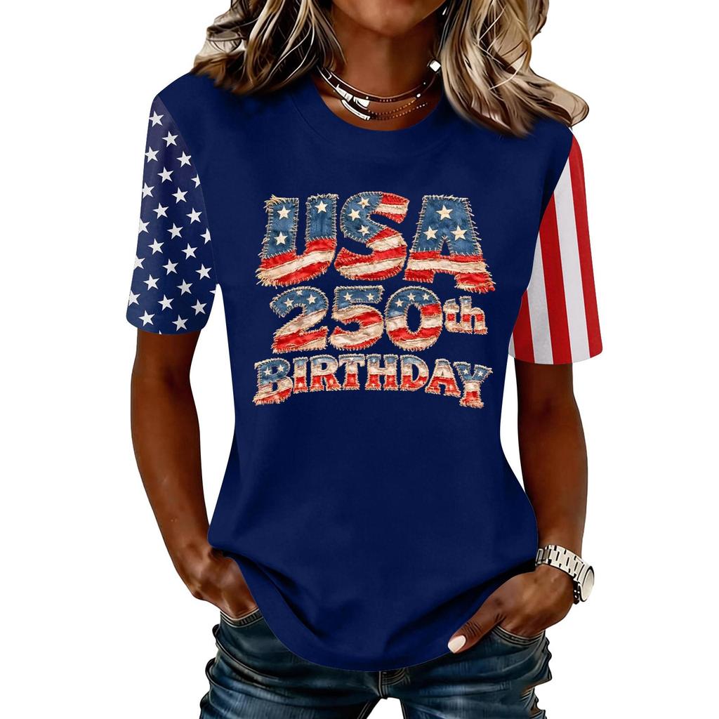 Blusa Feminina da Moda Casual de Manga Curta com Estampa e Gola Redonda