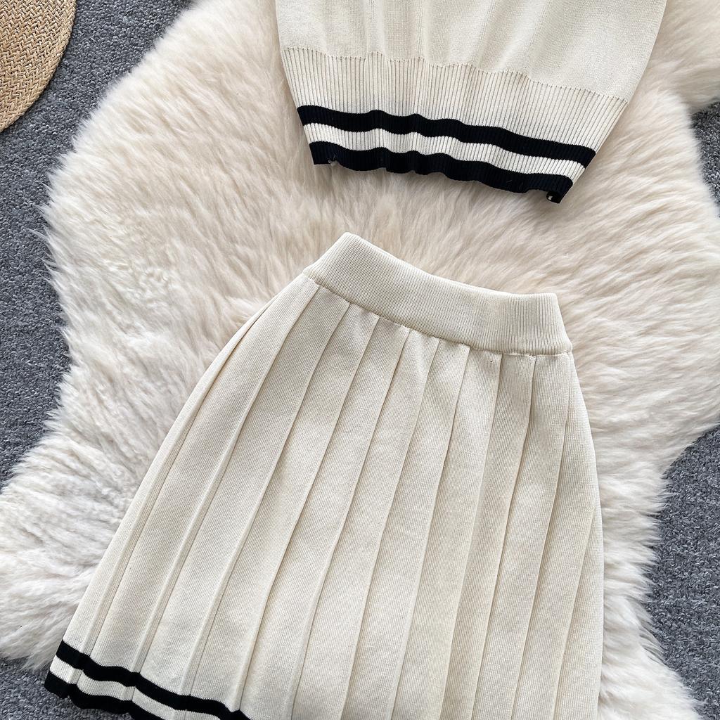Summer Women Knitted Sweater College Letter Two Piece Set Fashion Girl Single Breasted Cardigan Top and Mini Pleated Skirt Suit