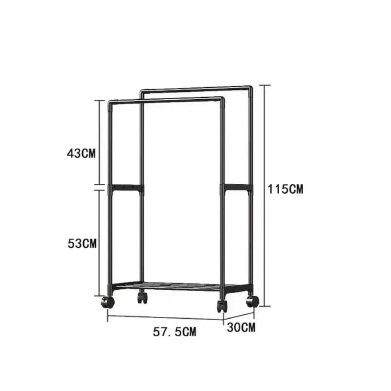 1PC Movable Bedroom Clothes Rack Floor Standing Double Rod Organizer Sheif with Bottom Shelf and Side Hooks for Coat Hat Storage