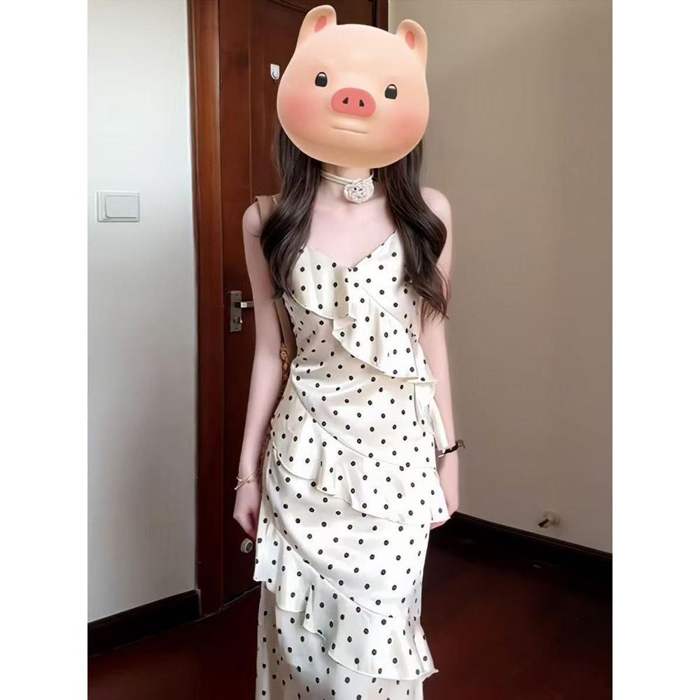 College style polka dot suspender dress for women's casual women's spring new waist and thin French lotus leaf edge long skirt