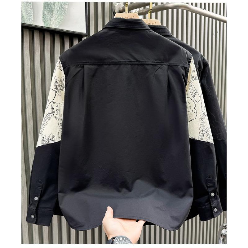 Men's Graffiti Print Patch Pocket Long Sleeve Button Down Shirt Casual Streetwear Top